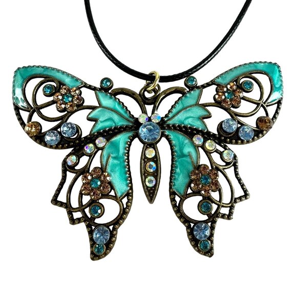 Butterfly Pendant Necklace Teal Enamel Rhinestone Accents & Adjustable Cord - Picture 1 of 2